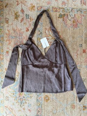 Danielle Frankel NWT Brown Pajama Lounge V-Neck Halter Top Camisole M